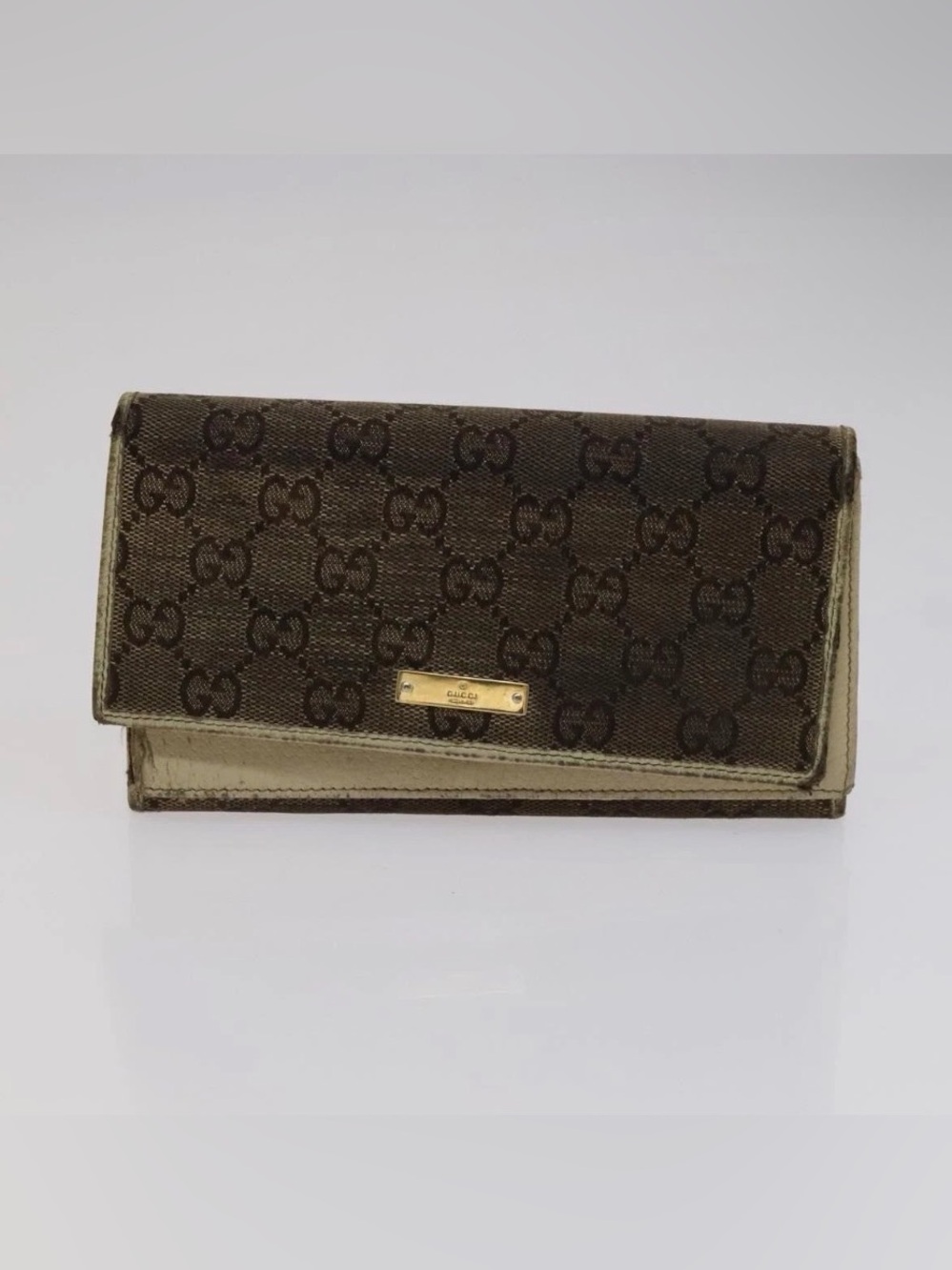 Gucci Brown GG Monogram Trifold Wallet with Gold Plaque